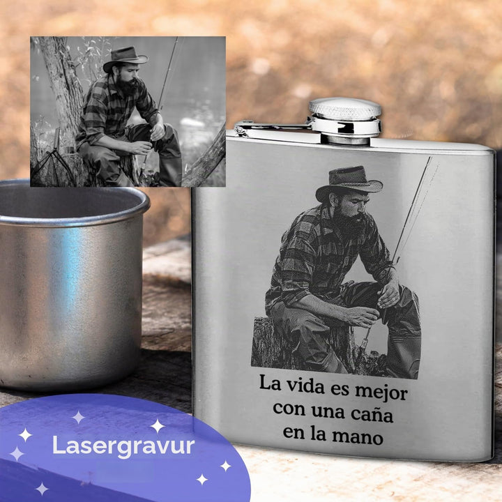 Edelstahl-Flachmann, personalisiert mit Ihrem Foto und Text, 175 ml, Lasergravur.