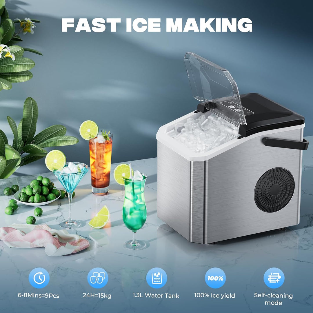 Eiswürfelmaschine 15kg/24h, 9 Eiswürfel in 6 Min, Tragbarer Eiswürfelbereiter mit Tragegriff & Selbs