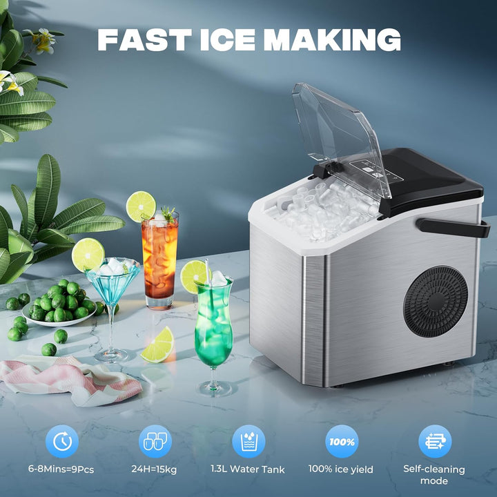 Eiswürfelmaschine 15kg/24h, 9 Eiswürfel in 6 Min, Tragbarer Eiswürfelbereiter mit Tragegriff & Selbs