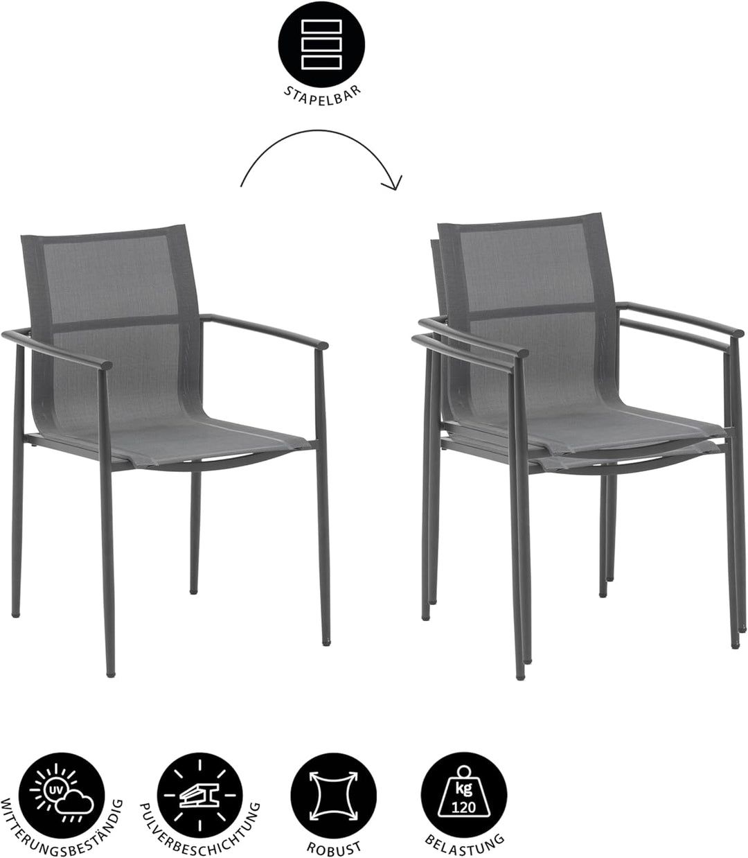 Dehner Gartenstuhl Lille, stapelbar, 85 x 56 x 56.5 cm, Edelstahl/Textilene, anthrazit/grau Modern,