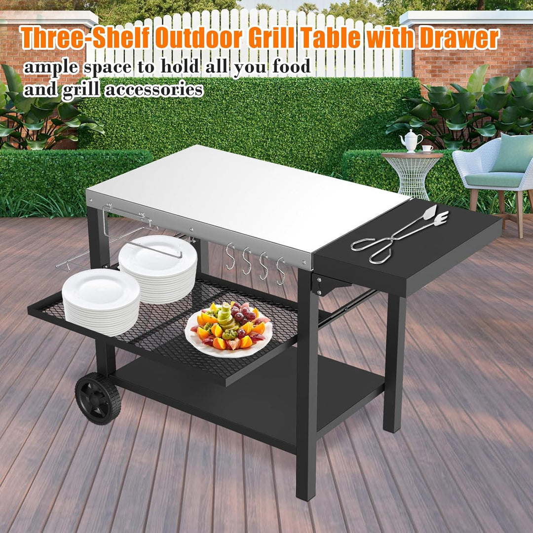GFTIME Edelstahl Grilltisch Grillwagen mit 3 Etagen, Pizzaofenständer, Grilltisch für den Aussenbere