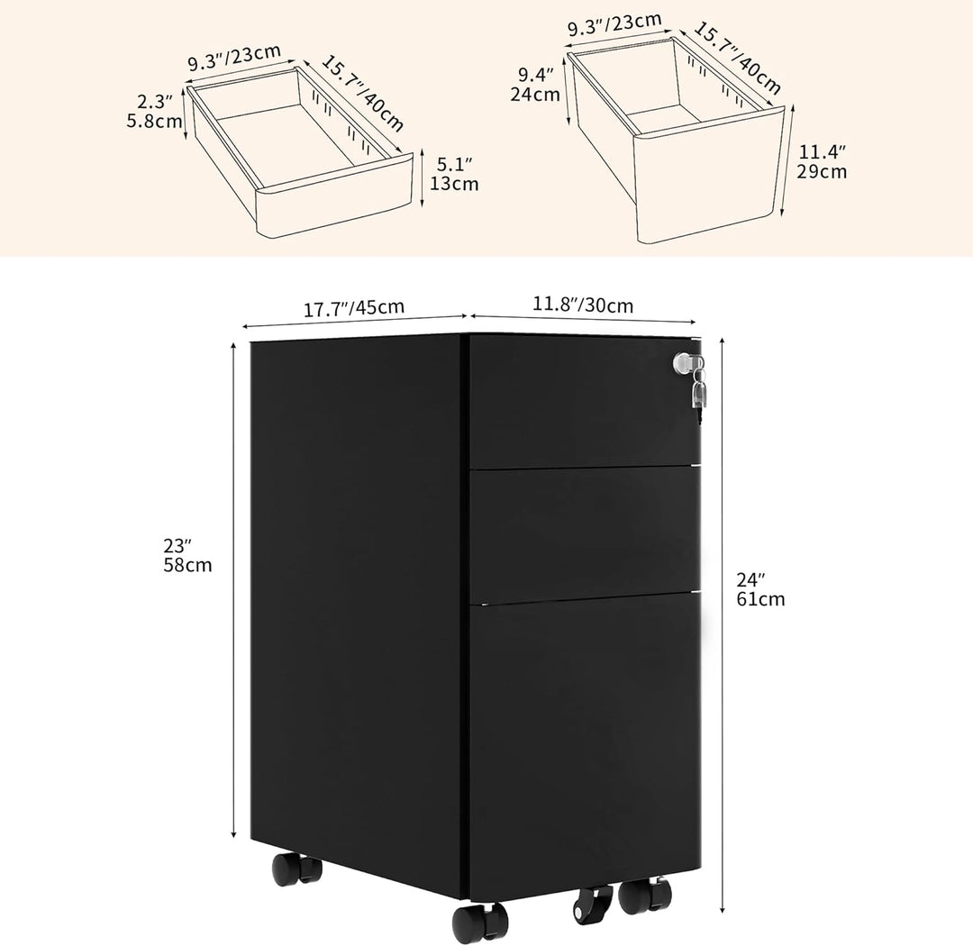 Abschliessbarer Aktenschrank mit 3 Schubladen, Büroschubladen mit Schlüsseln, kompakter, schlanker,
