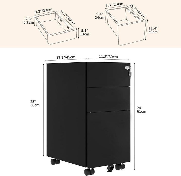Abschliessbarer Aktenschrank mit 3 Schubladen, Büroschubladen mit Schlüsseln, kompakter, schlanker,