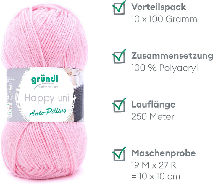 Gründl Happy uni (Strick- und Häkelgarn mit wollartigem Charakter aus 100 % Polyacryl, Anti-Pilling,