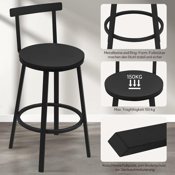 WOLTU Barhocker 2er Set, Barstuhl, Bar Hocker rund, Küchenhocker mit Lehne, Metallgestell, Fussstütz