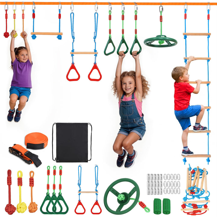 Ninja Warrior Slackline Set für Kinder, Ninja Line Kinder, Slackline 15M Hindernisse Set, Turnringe