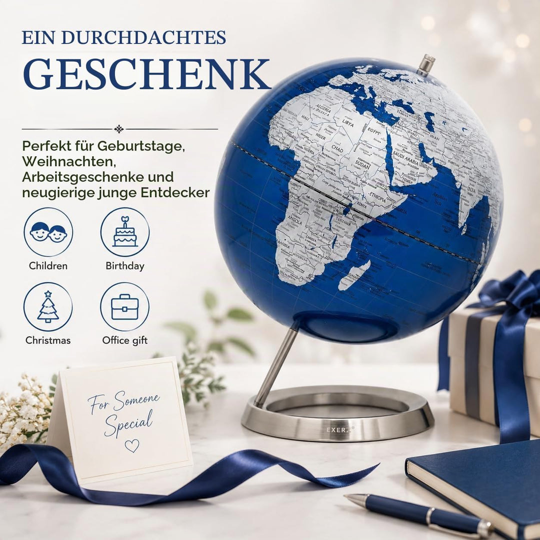 EXERZ 30cm Globus Metallisches Blau mit einem Rostfreier Stahl in Englischer Sprache - Verpackung in
