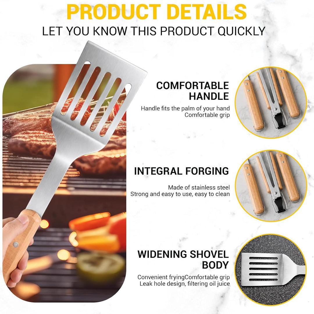 Grillbesteck Set 4-teilig Edelstahl Holzgriff Zange Wender Gabel Bürste | Grillbesteck mit Akazienho