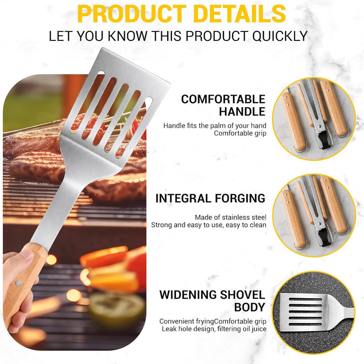 Grillbesteck Set 4-teilig Edelstahl Holzgriff Zange Wender Gabel Bürste | Grillbesteck mit Akazienho