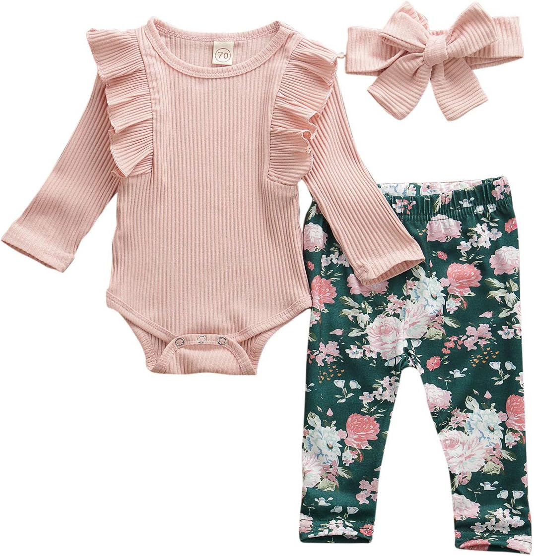 Geagodelia Babykleidung Set Baby Mädchen Langarm Body Strampler + Blumen Hose + Stirnband Neugeboren