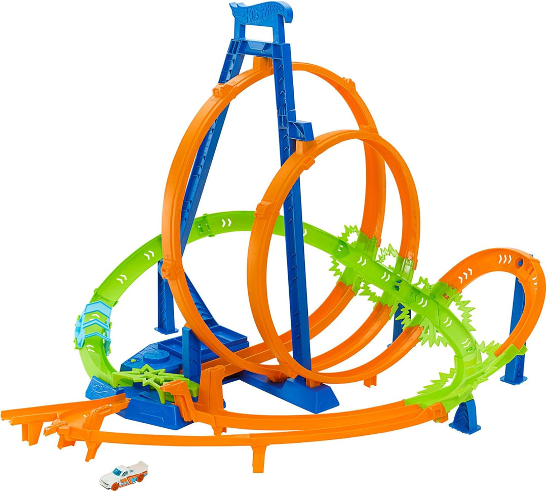 Hot Wheels Track Set, Episches Crash-Rennen mit 5 Crash-Zonen, motorisiertem Beschleuniger und 1 Aut