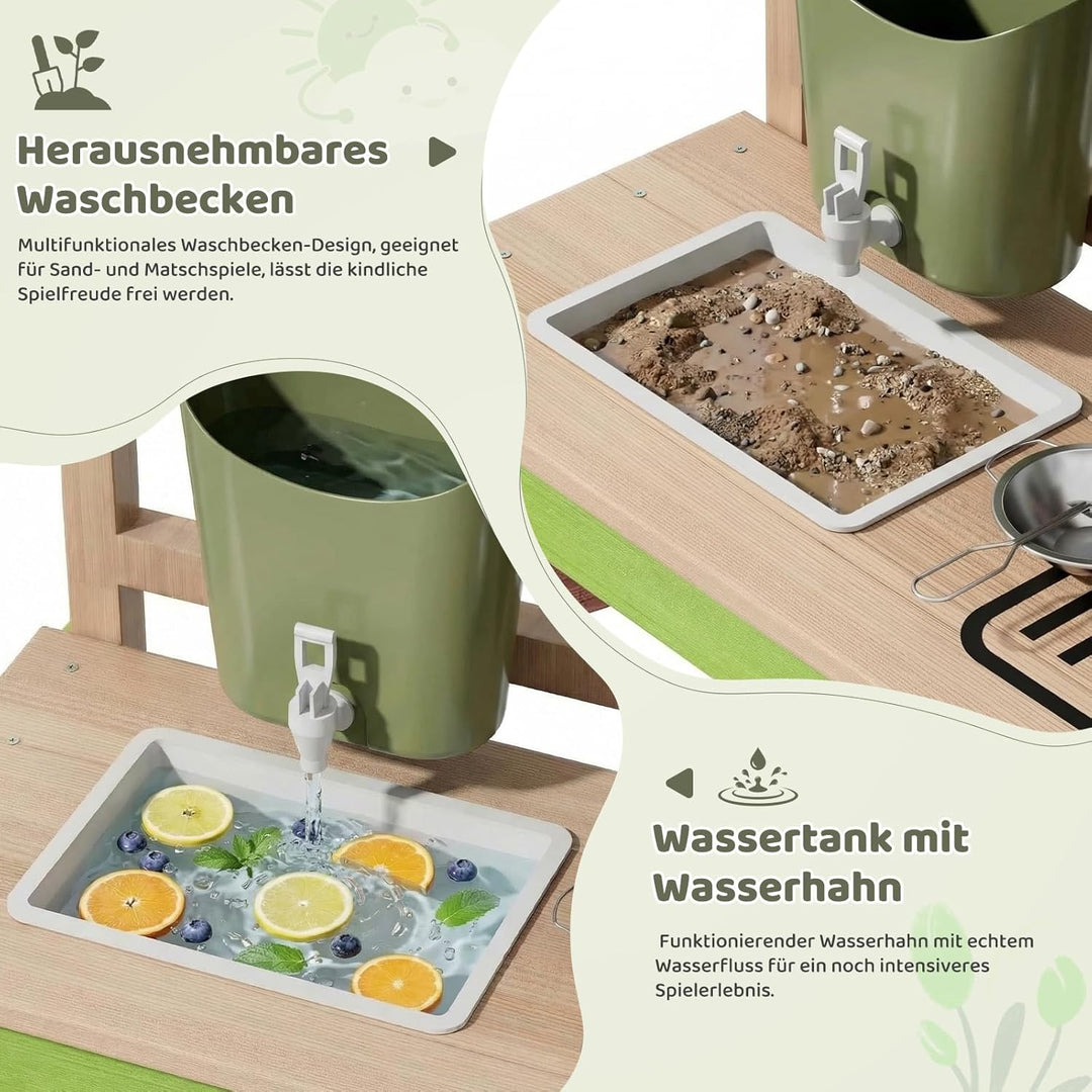 MAMIZO Matschküche Kinder Outdoor aus Holz, Tannenholz, mit Rädern Wassertank Spüle Wasserhahn Pflan
