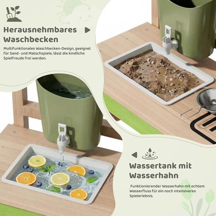 MAMIZO Matschküche Kinder Outdoor aus Holz, Tannenholz, mit Rädern Wassertank Spüle Wasserhahn Pflan