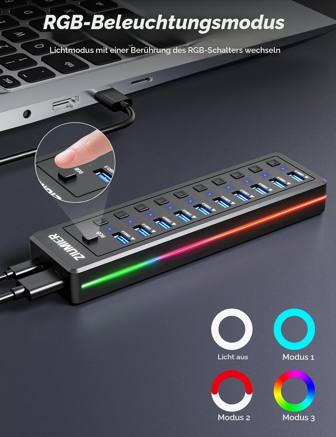 Powered USB Hub, 10-Port USB 3.0 Hub mit RGB LED Strip -5Gbps Datenübertragung, individuelle LED On/
