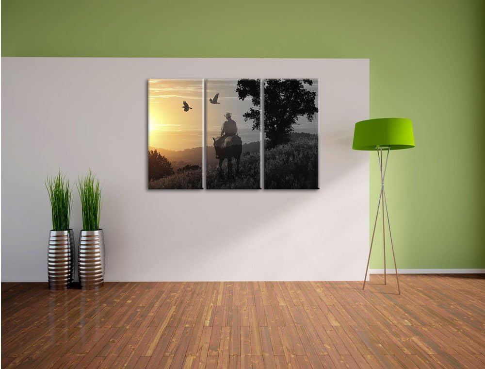 Pixxprint EIN Cowboy im Sonnenuntergang als Leinwandbild | Grösse: 3 Teilig (120x80) | Wandbild| Kun