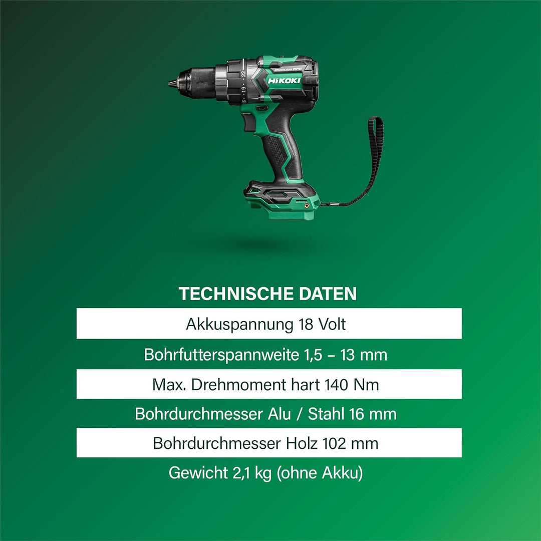 HiKOKI Akku Bohrschrauber DS18DC (18V, Li-Ion, Leerlaufdrehzahl 0-2000 u/min, Max. Festdrehmoment 14