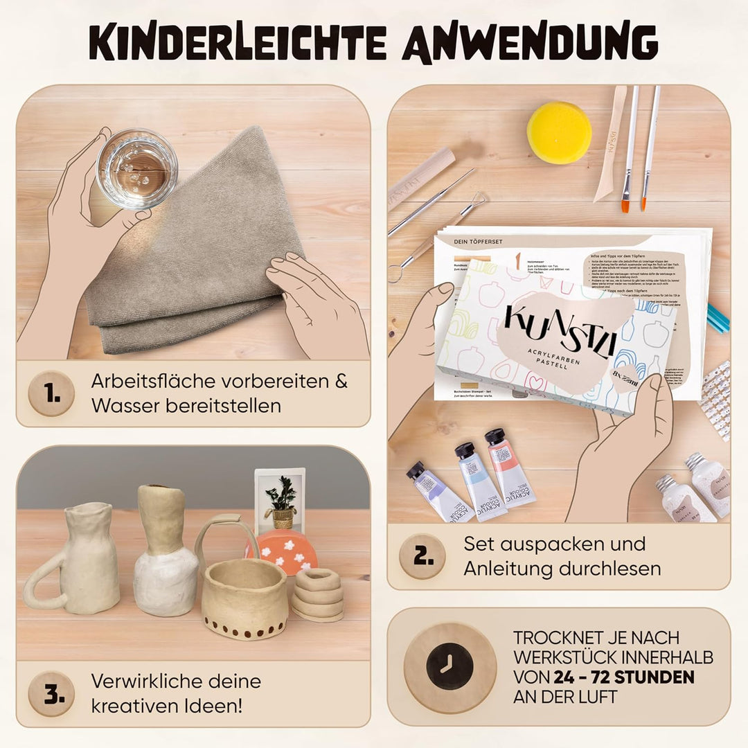 kunstli DIY Töpferset für zuhause - Starterset für Kinder und Erwachsene - Ton Set kreativ töpfern -