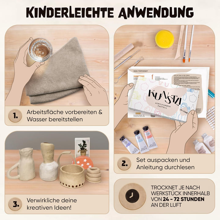 kunstli DIY Töpferset für zuhause - Starterset für Kinder und Erwachsene - Ton Set kreativ töpfern -