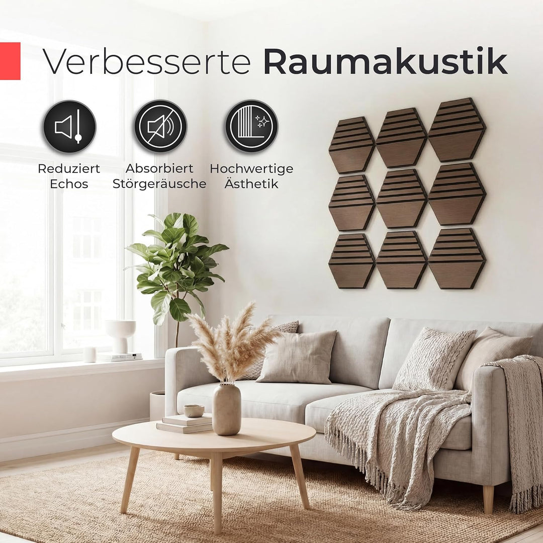 Akustikpaneele Holz selbstklebend – 3er-Set | Echtholz Walnuss & Akustikfilz Schwarz | Hexagon 30x26