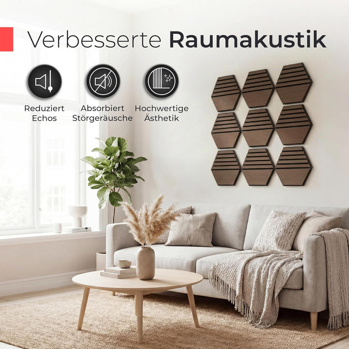 Akustikpaneele Holz selbstklebend – 3er-Set | Echtholz Walnuss & Akustikfilz Schwarz | Hexagon 30x26