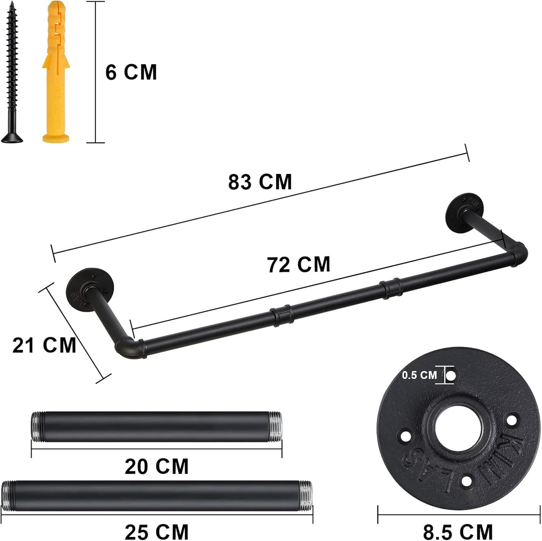 Kleiderstange Wandmontage 70cm, Wand Industrierohr Garderobenstange Metall für Kleiderbügel, Schwarz