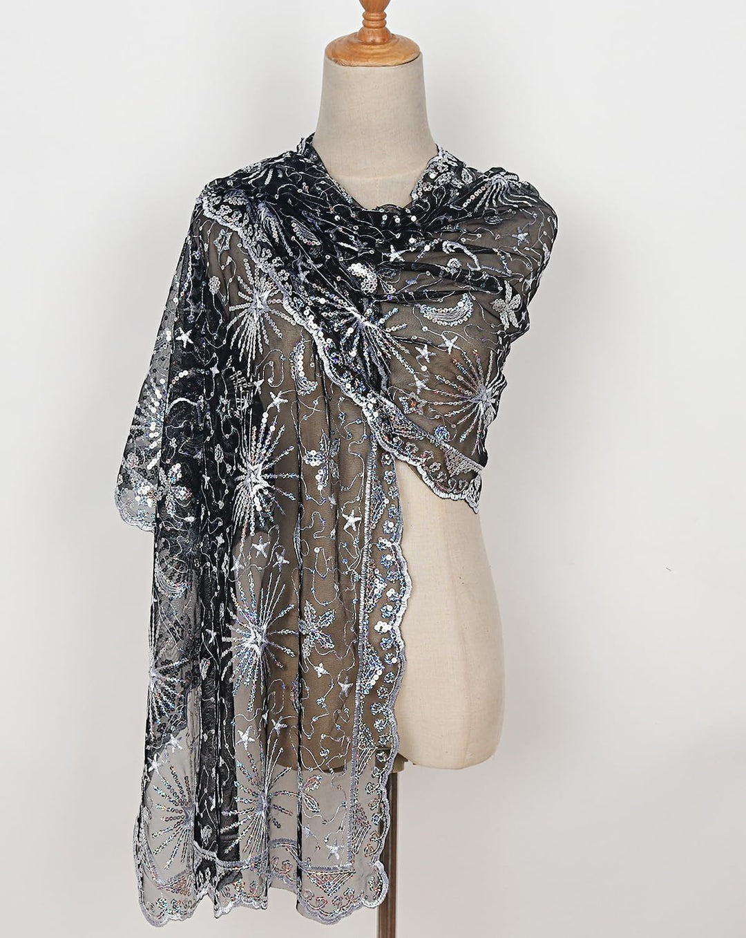 keland Damen Festlich Pailletten Umhang Schal Schultertuch Stola Tuch für Abendkleid A-schwarz & Wei