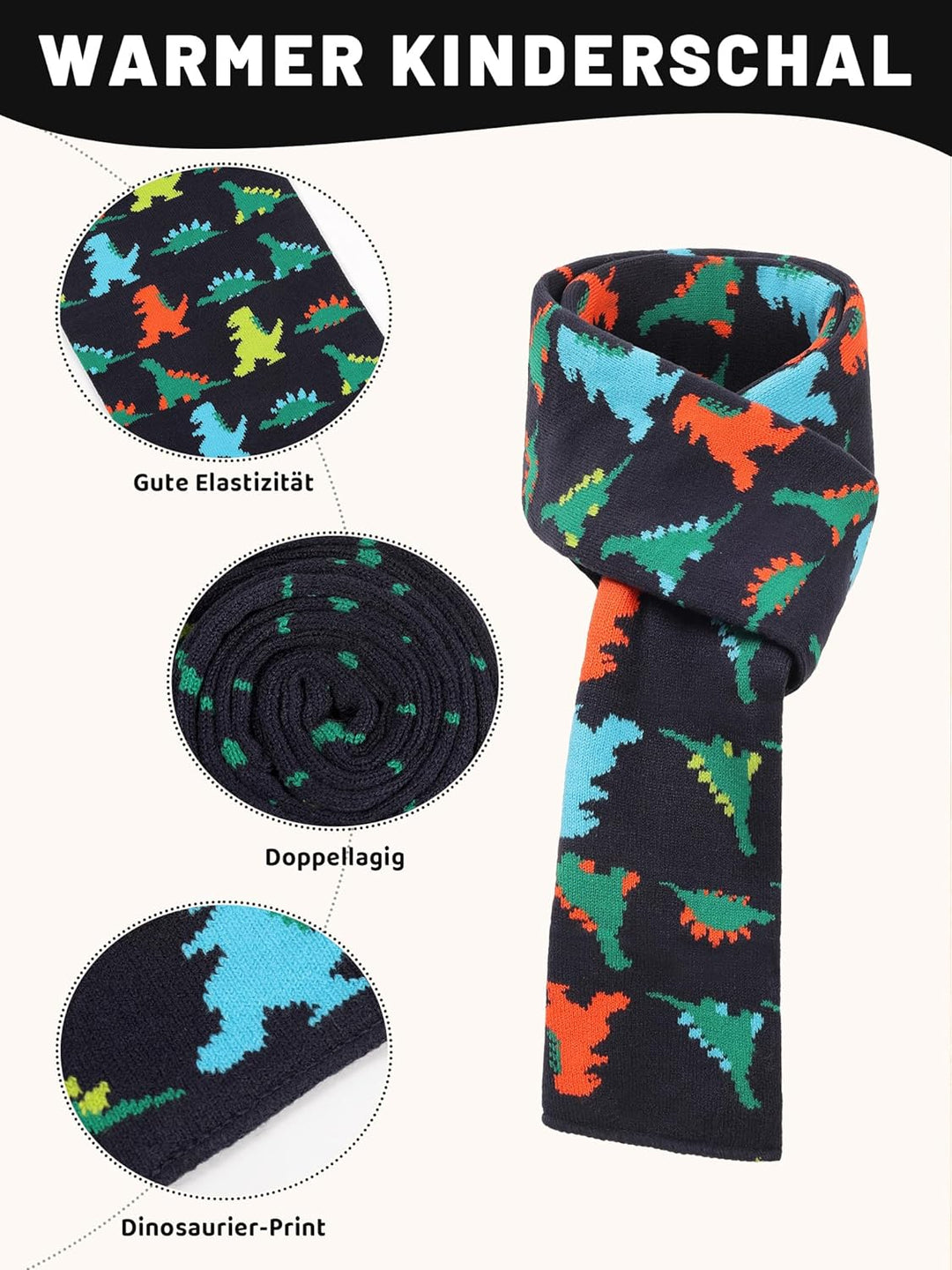NATUST Mütze Schal Handschuh-Sets für Jungen Dinosaurier Wintermütze mit Bommel Warmer Strickschal H
