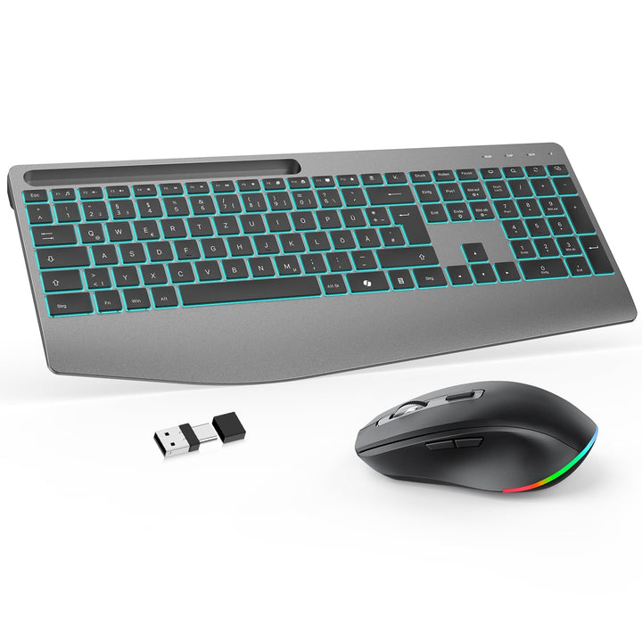 OMOTON Kabellose Tastatur und Maus Set – 2,4GHz Ergonomische Tastatur Beleuchtet mit Handballenaufla