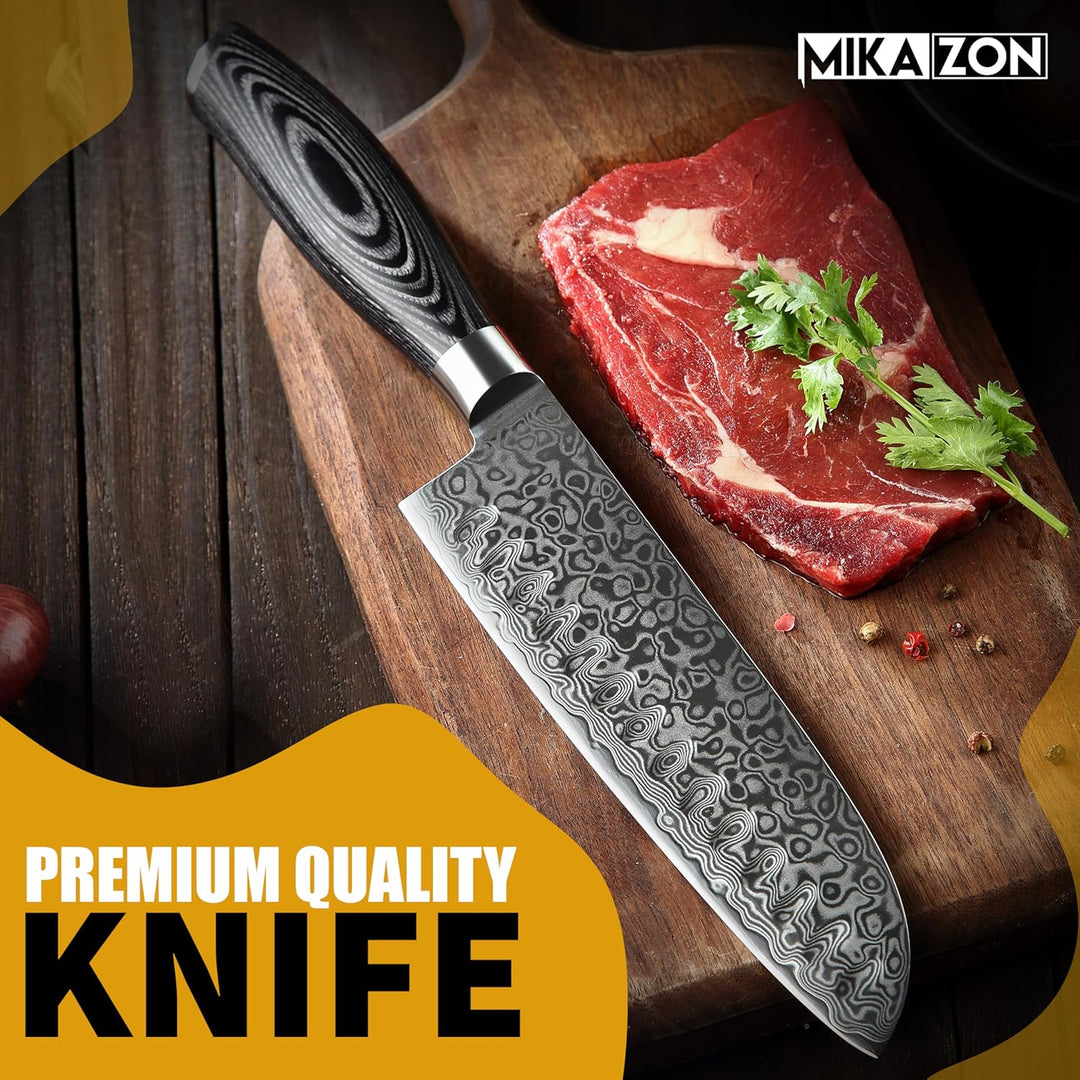Damast Santoku - Japanisches 17.8 cm Allzweck-Küchenmesser mit 67-lagiger Stahlkonstruktion und Pakk
