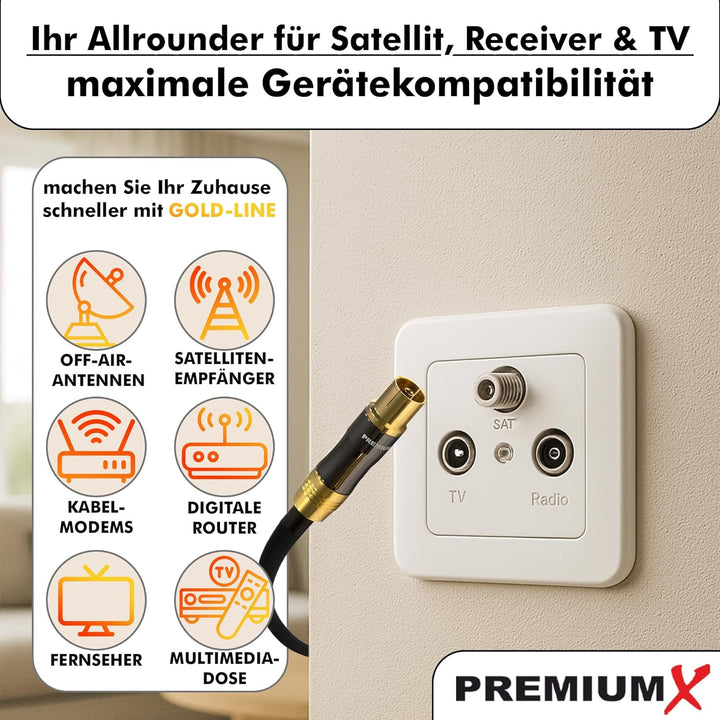 PremiumX 30m Gold-Line TV Antennenkabel Schwarz IEC-Anschlusskabel Koax Stecker - Kupplung Koaxialka