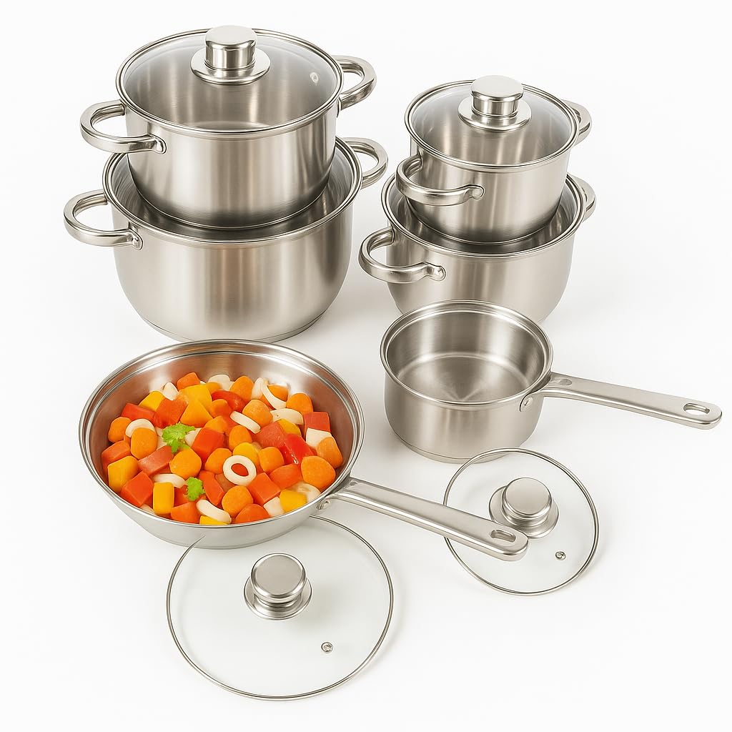 Edelstahl Topfset 12-teilig mit Glasdeckeln, induktionsgeeignet – stapelbares Kochtopf-Set mit Kapse