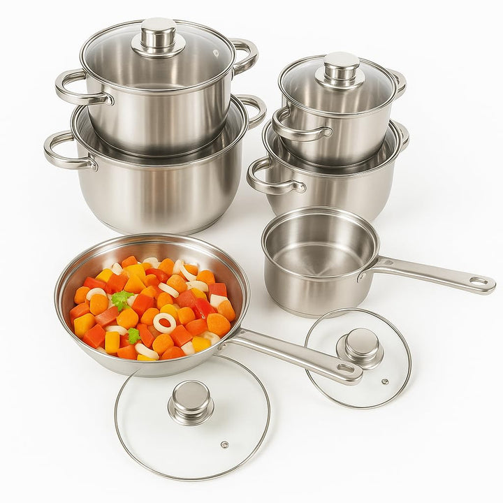 Edelstahl Topfset 12-teilig mit Glasdeckeln, induktionsgeeignet – stapelbares Kochtopf-Set mit Kapse
