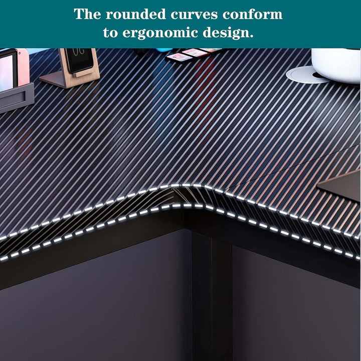 L-shaped computer desk, large executive desk, carbon fibre finish, H-shaped base, cable management,