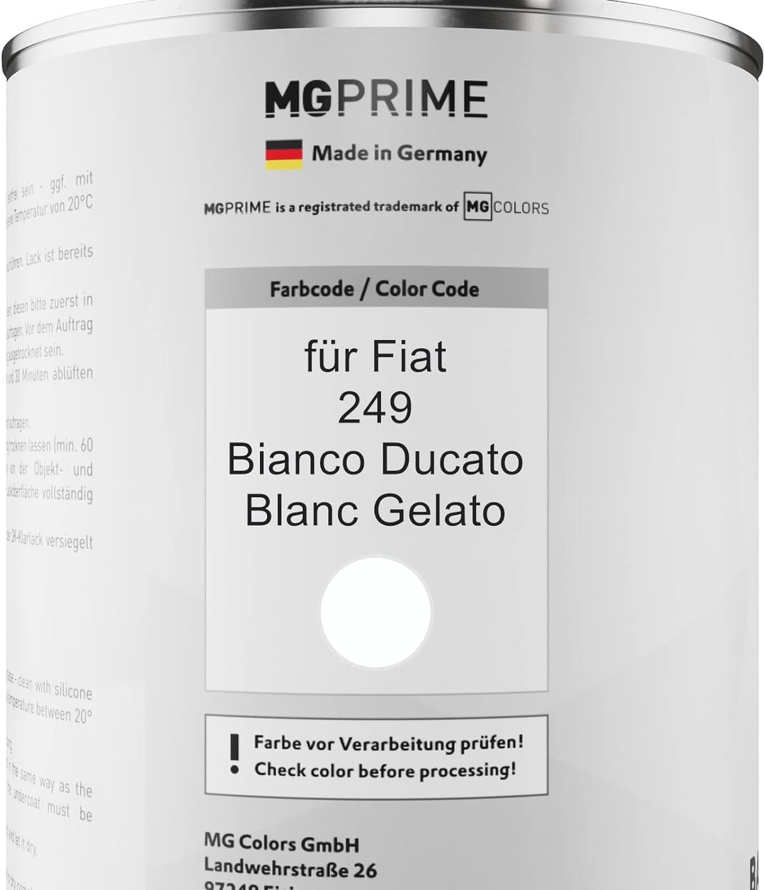 MG PRIME Autolack Dose Set für Fiat 249 Bianco Ducato/Blanc Gelato Basislack 2K Klarlack Härter spri