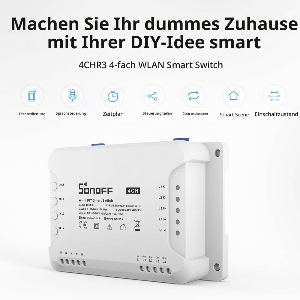 SONOFF 4CHR3 4-Gang Wi-Fi Smart Switch, 3 Arbeitsmodi Mit Selbsthemmung, Verriegelung Und Inching-Mo