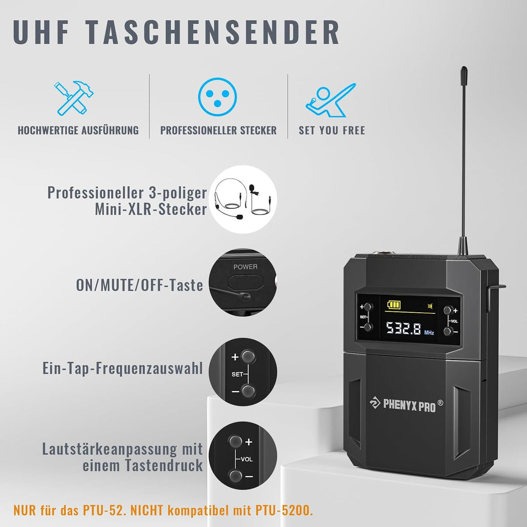 Phenyx Pro Dual UHF Hand/Bodypack Funkmikrofon-Set PTU-52-1H1B | Auto-Pairing, Metallmikro, Headset-