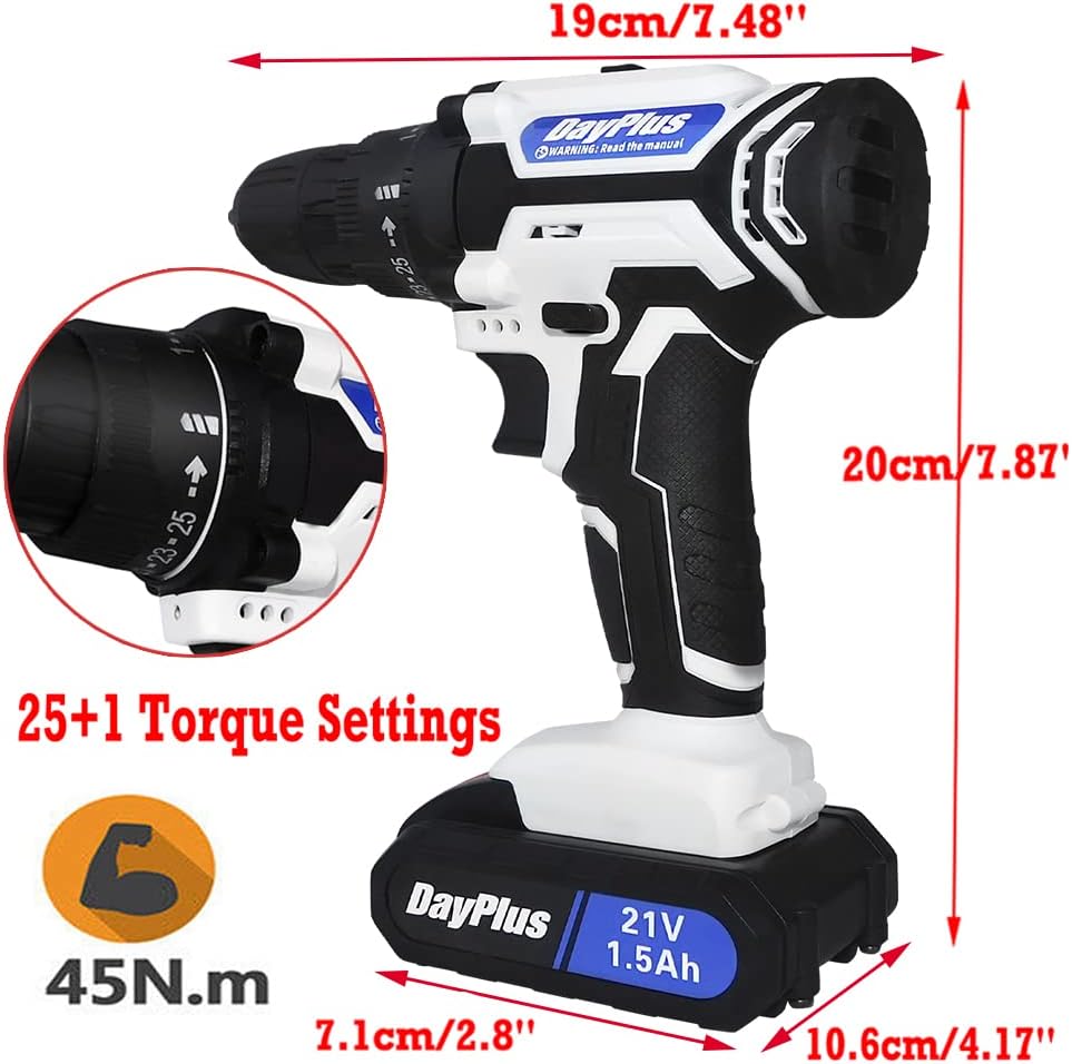 Akku Bohrschrauber Set mit 1 Akku, 45Nm Akku Bohrer, 25+1 Drehmomentstufen, 10mm Bohrfutter, LED-Lic