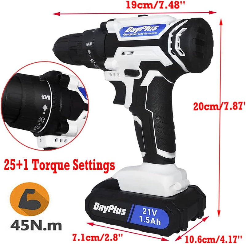 Akkuschrauber 21V Akku Bohrmaschine, 45Nm Akku-Bohrschrauber Set für DIY Projekt, 25+1 Drehmomentstu