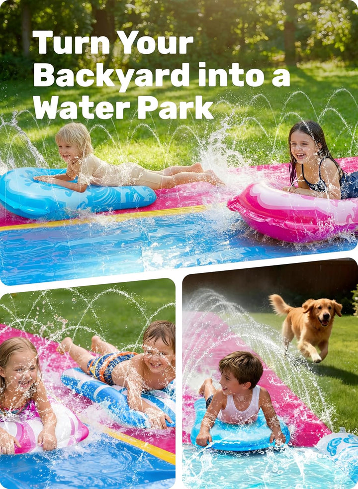 JOYIN 32,5ft/990.6cm Wasserrutsche und 2 aufblasbare Boards, extra Lange Doppel-Garten-Wasserrutsche