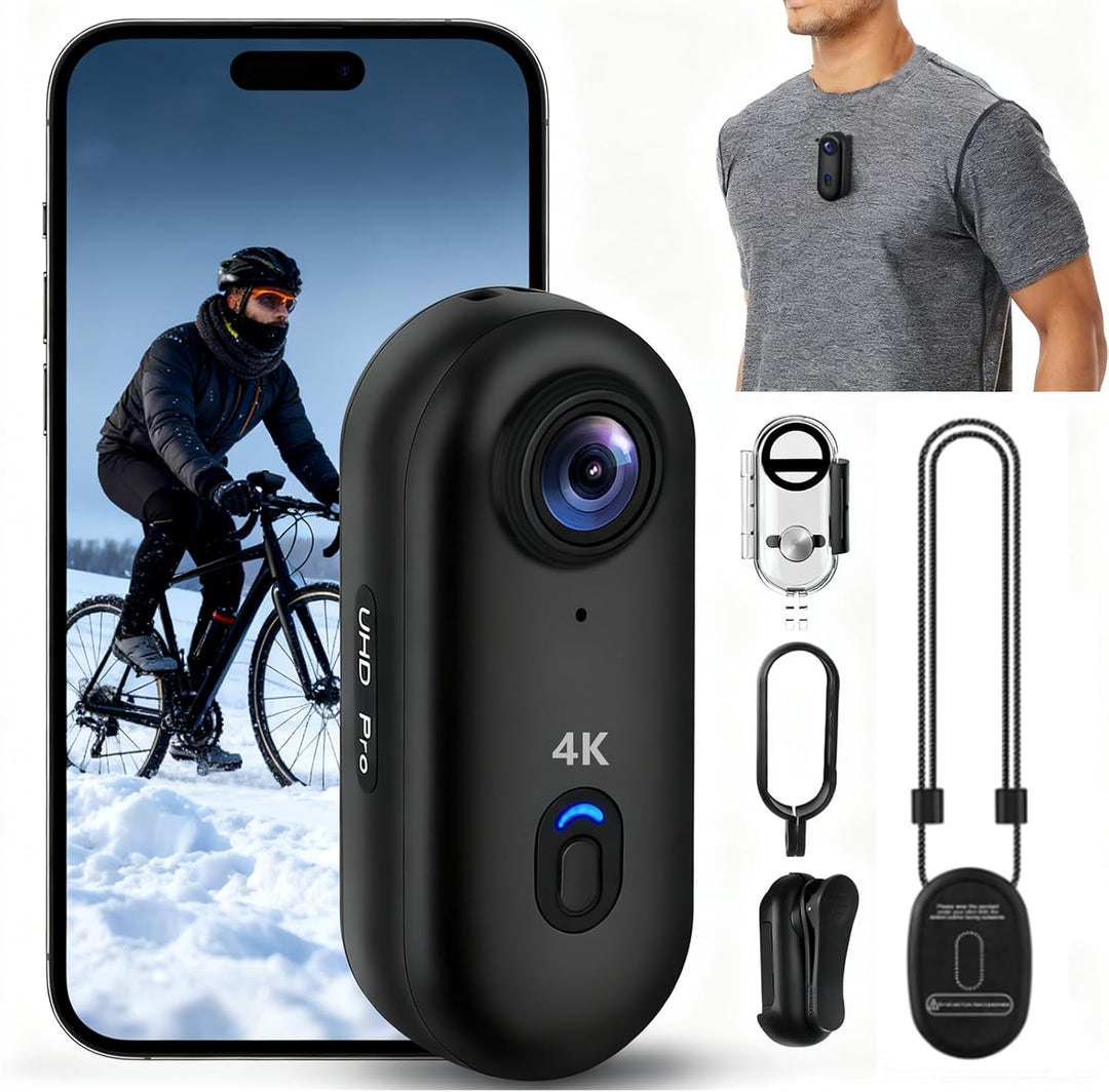 Action Cam - 4K 64GB Bodycam mit Wasserdicht 30m, Freihand-POVs, APP-Videoclip, Magnetisch, 120° Wei