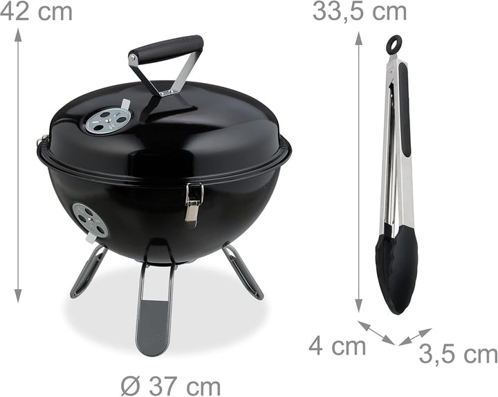 Relaxdays Kugelgrill, tragbar, Ø 37 cm, Picknickgrill für Garten & Park, Holzkohlegrill mit Deckel,