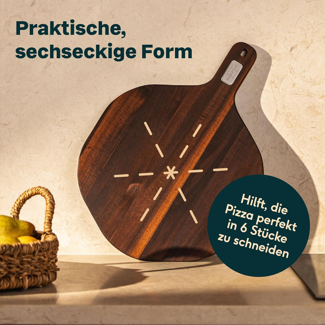 SILBERTHAL Pizzabrett 30 cm 2er Set Akazienholz - 6-Eck-Design - Servierbrett mit ergonomischer Grif