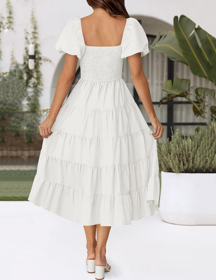 ZESICA Damen-Sommerkleid, eckiger Ausschnitt, Kurze Puffärmel, einfarbig, hohe Taille, lässig, flies