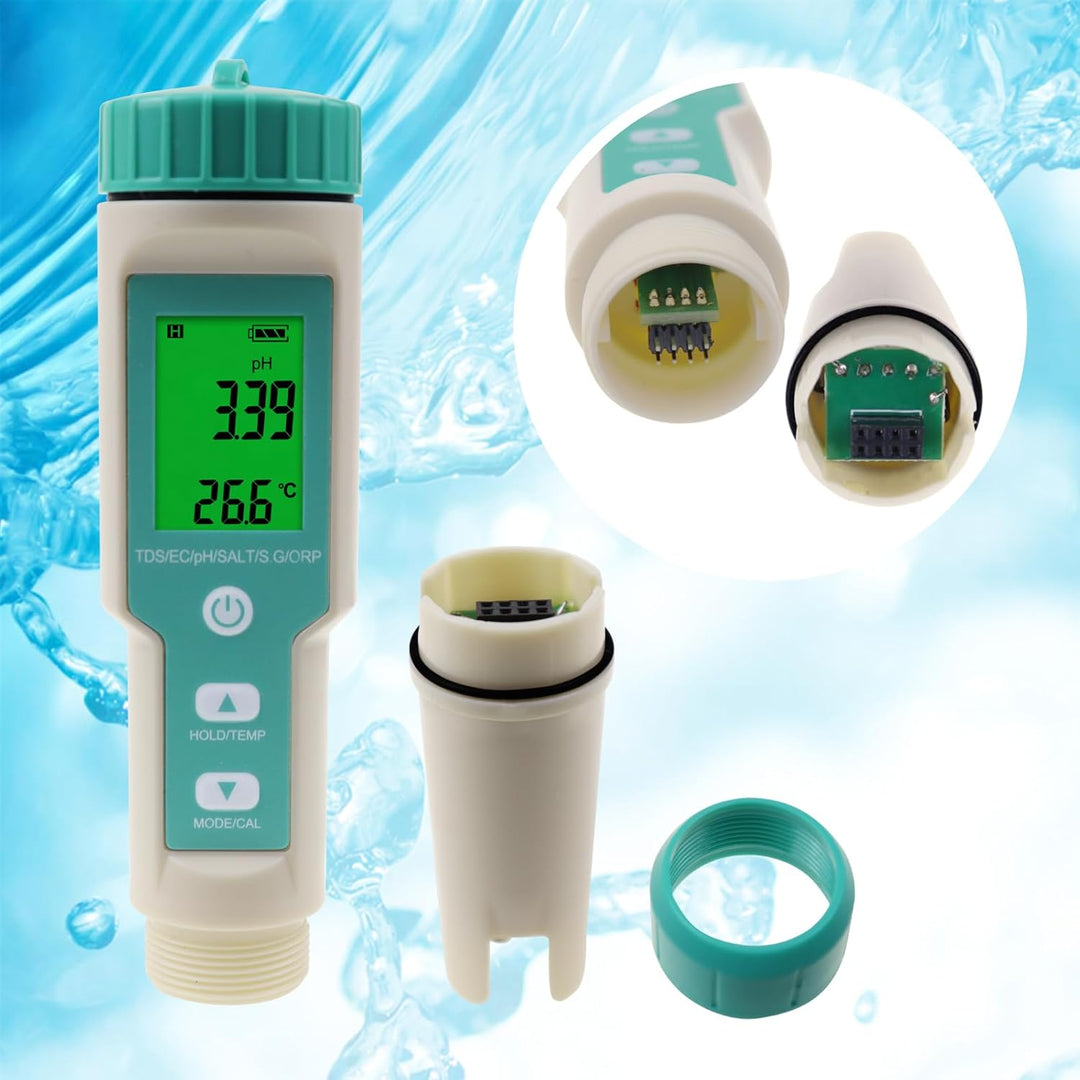 pH-Meter für Wasser: Digitaler 7-in-1-Wassertester mit pH-, TDS-, EC-, ORP-, Salz-, S.G- und Tempera