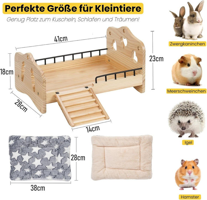 Meerschweinchen Bett Holz mit Treppe, Geländer und Matte, Zwergkaninchen Bettchen Kuschelkissen, Kan