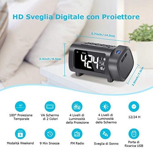 LIORQUE Projektionswecker Radiowecker Digital Wecker mit Radio Snooze Wochenendmodus Temperatur USB