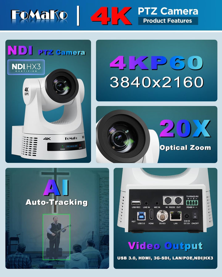 FoMaKo 4K 60FPS NDI HX3 PTZ Kamera, 20x Optischer Zoom, Gen 3 KI Auto-Tracking, 3G-SDI/HDMI/NDI/USB/