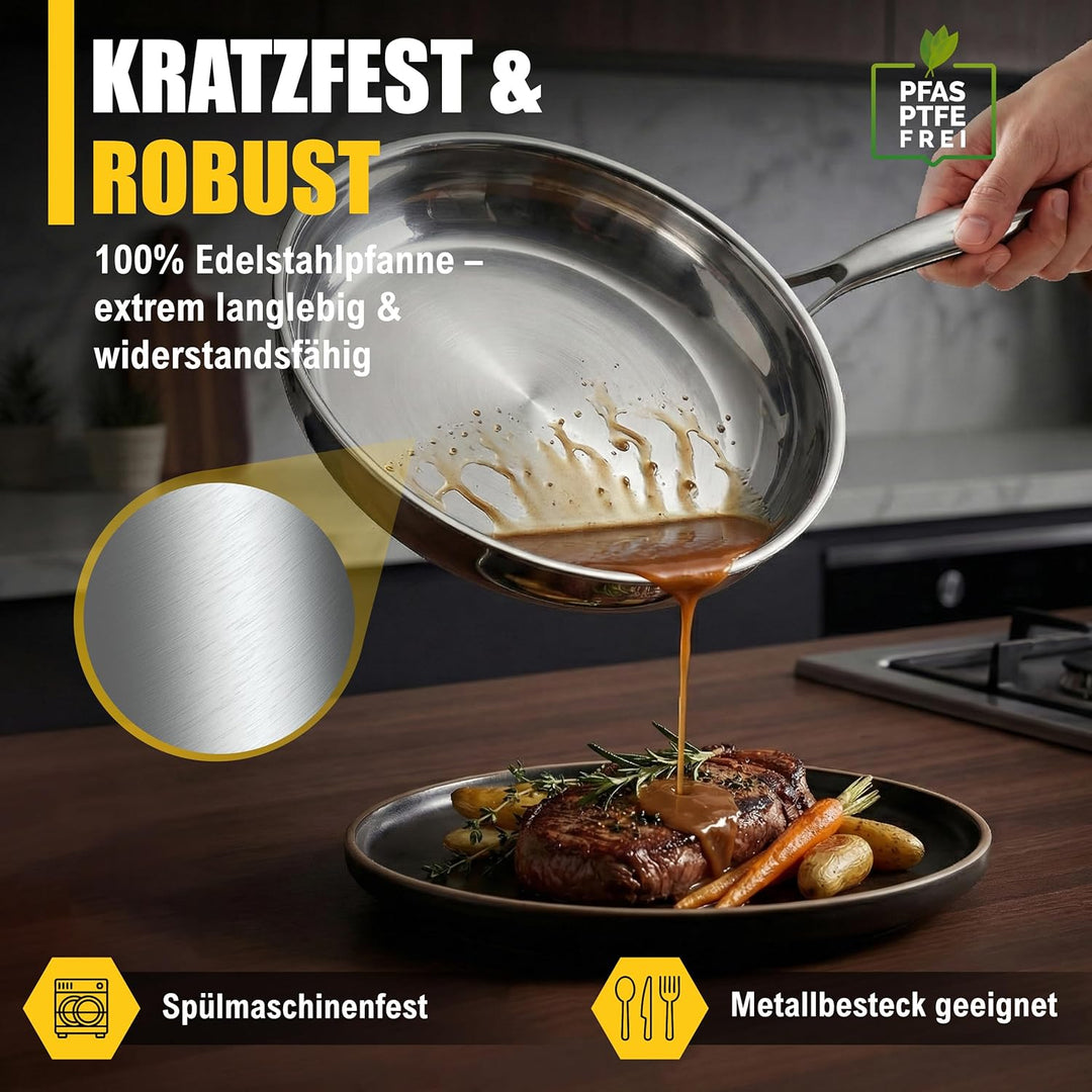 Edelstahlpfanne 28cm Unbeschichtet | 5-Schicht - 3mm -1,3 kg | Bratpfanne aus Edelstahl für Induktio