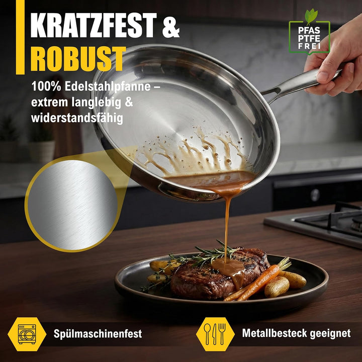 Edelstahlpfanne 28cm Unbeschichtet | 5-Schicht - 3mm -1,3 kg | Bratpfanne aus Edelstahl für Induktio