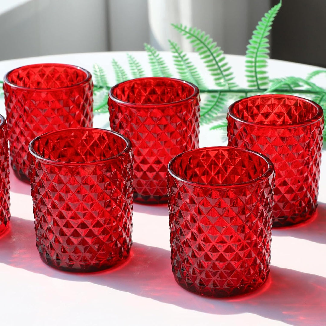 Rote Teelichter Gläser mit 12, Teelichthalter Glas für Tischdekorationen bei Hochzeiten, Rautenmuste